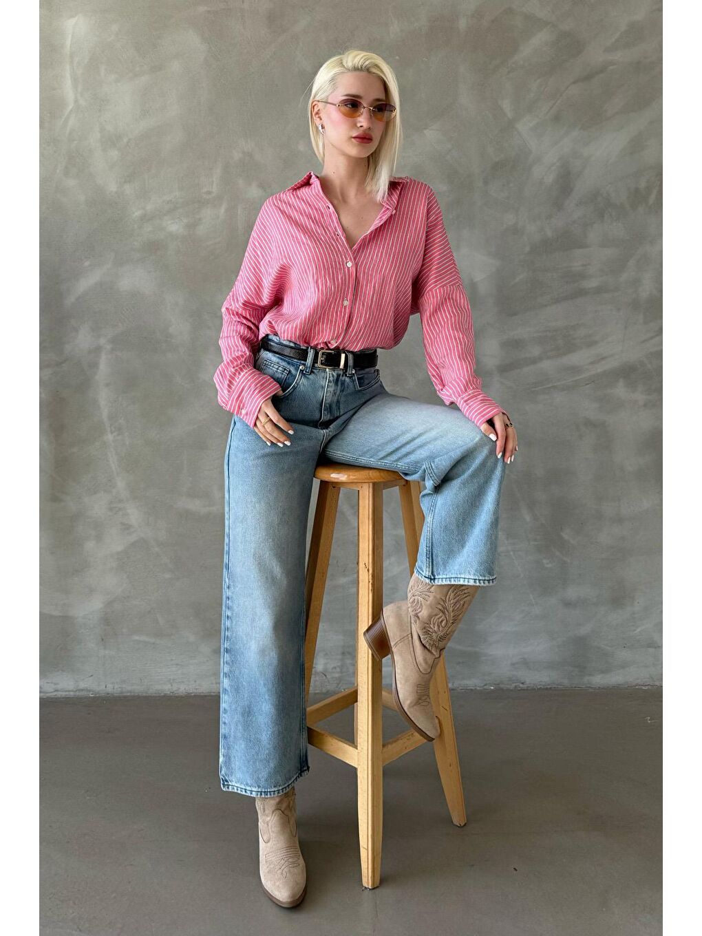 Pembe Çizgili Oversize Kadın Gömlek Mg2327-2