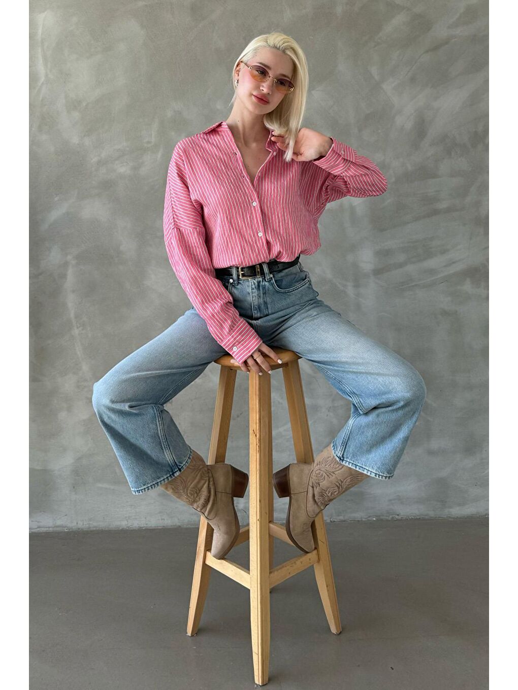Pembe Çizgili Oversize Kadın Gömlek Mg2327-3