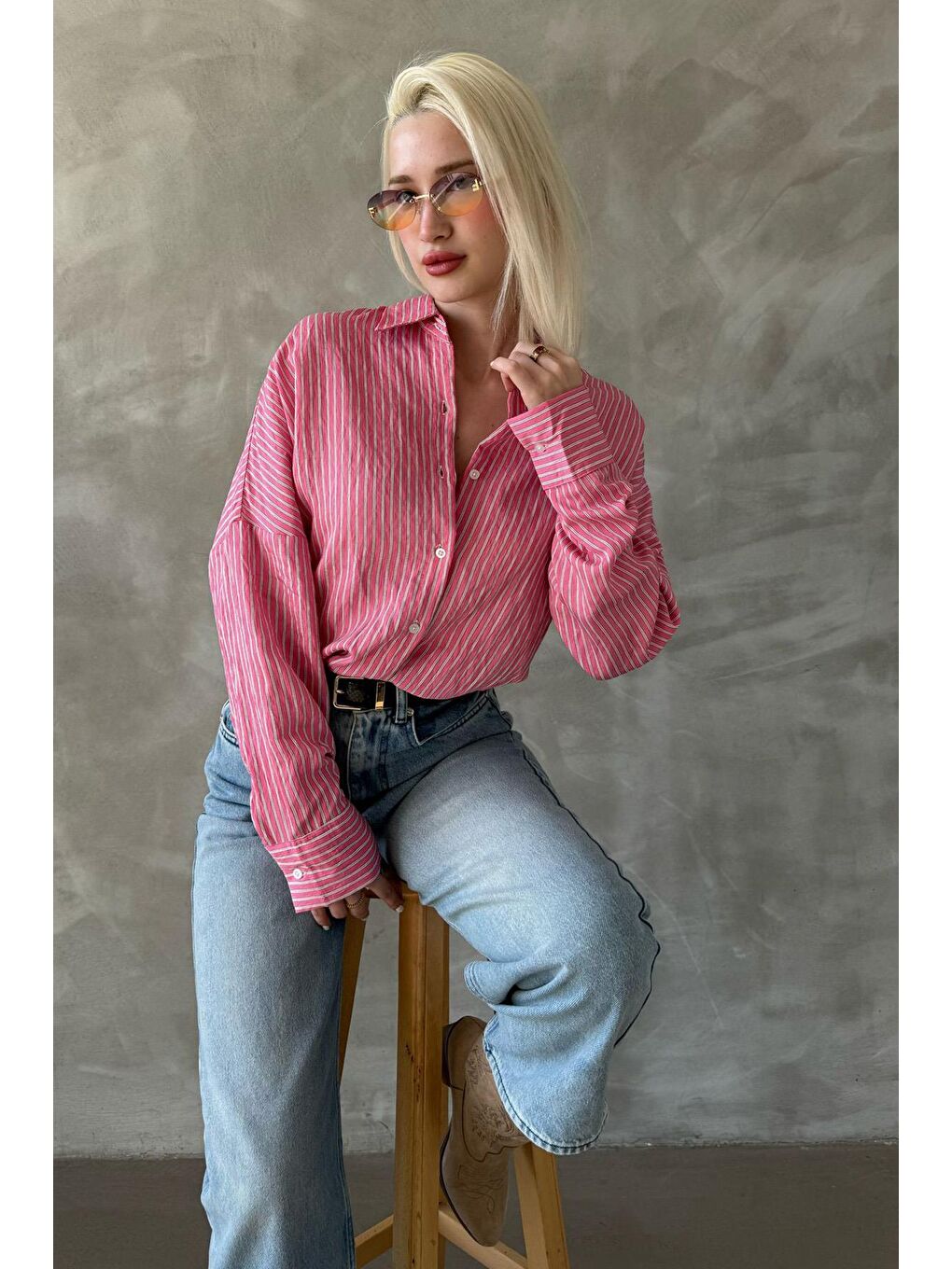 Pembe Çizgili Oversize Kadın Gömlek Mg2327-4