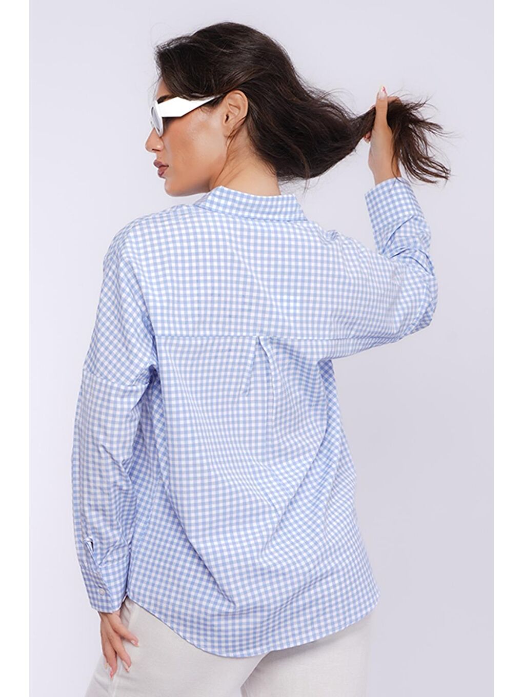 Mavi Pötikareli Uzun Kollu Kadın Gömlek Mg2386-2