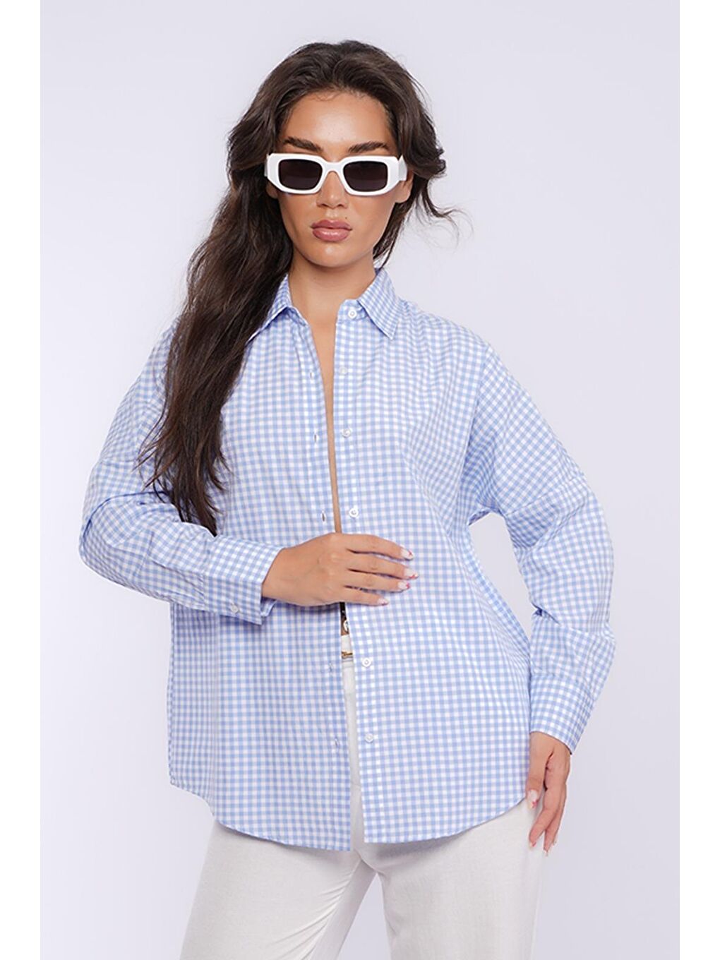 Mavi Pötikareli Uzun Kollu Kadın Gömlek Mg2386-3