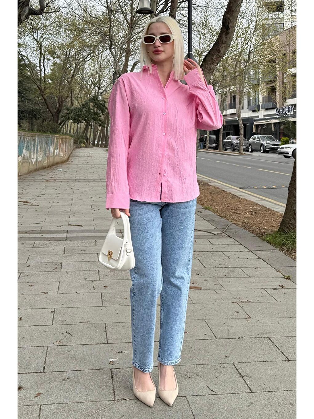 Pembe Kırışık Desen Kadın Gömlek Mg2313-1