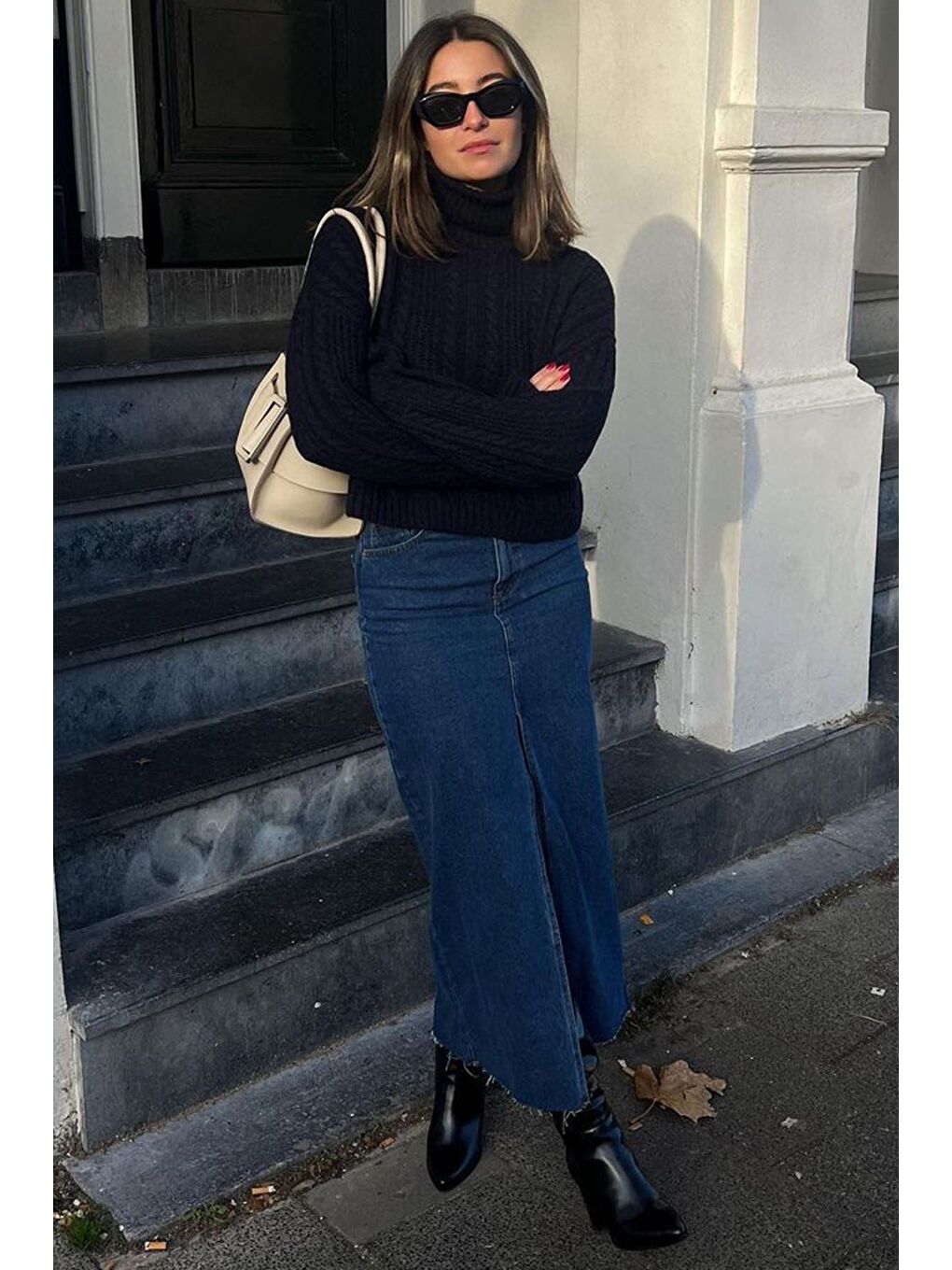 Koyu Mavi Yırtmaçlı Uzun Jean Etek Mg1690-2