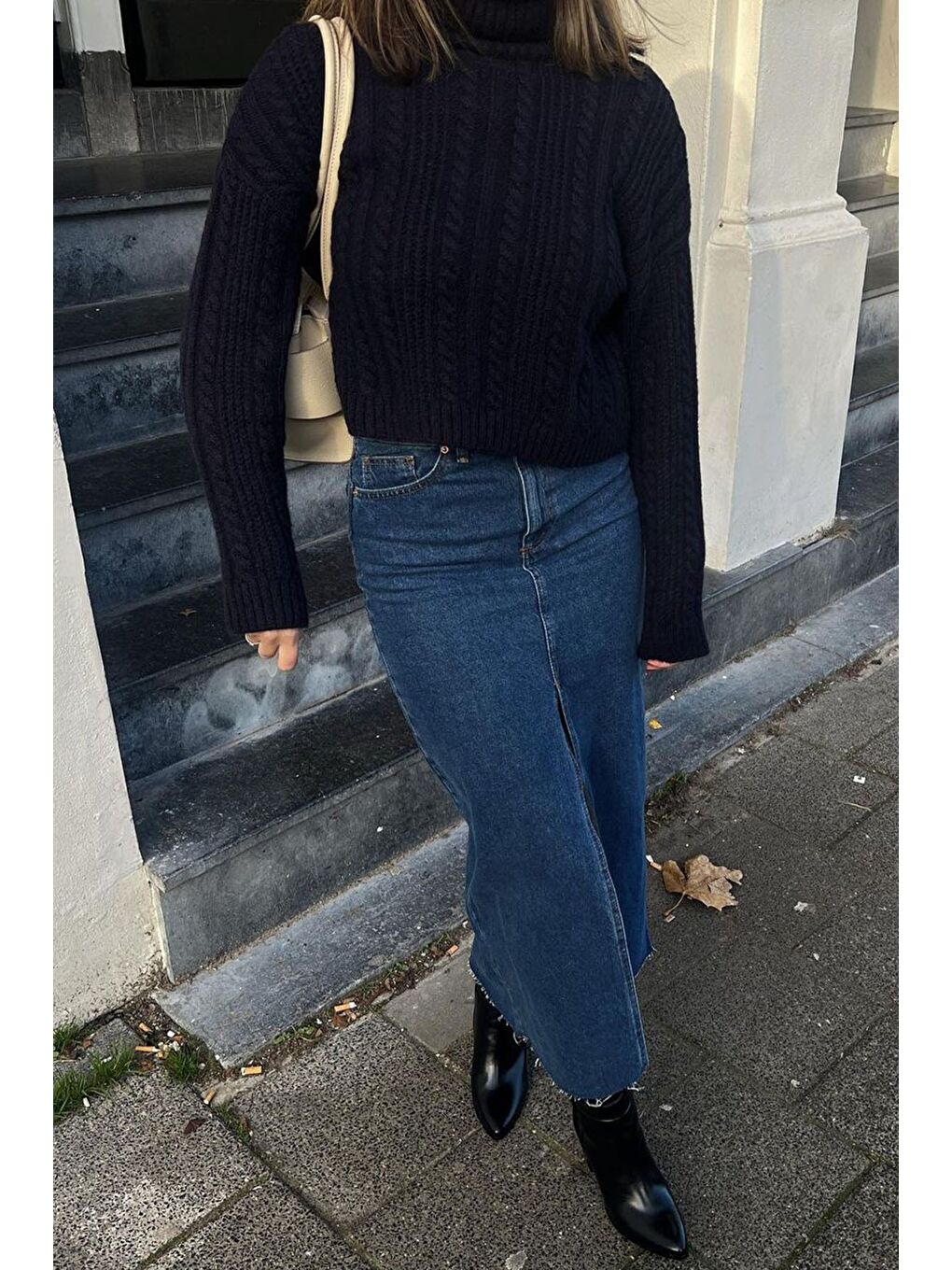 Koyu Mavi Yırtmaçlı Uzun Jean Etek Mg1690-4