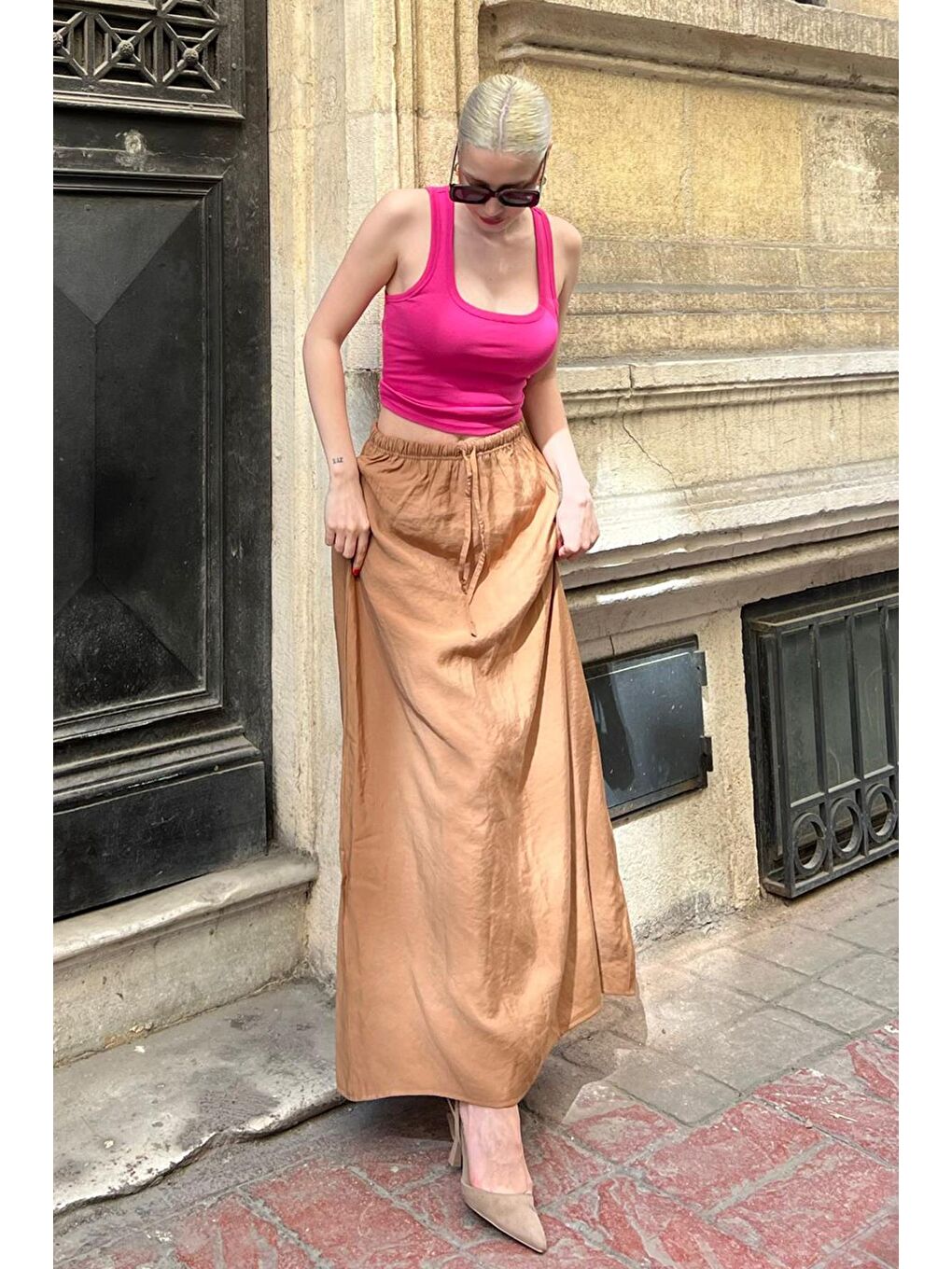 Bej Camel Beli Lastikli Uzun Kadın Etek Mg1979-2