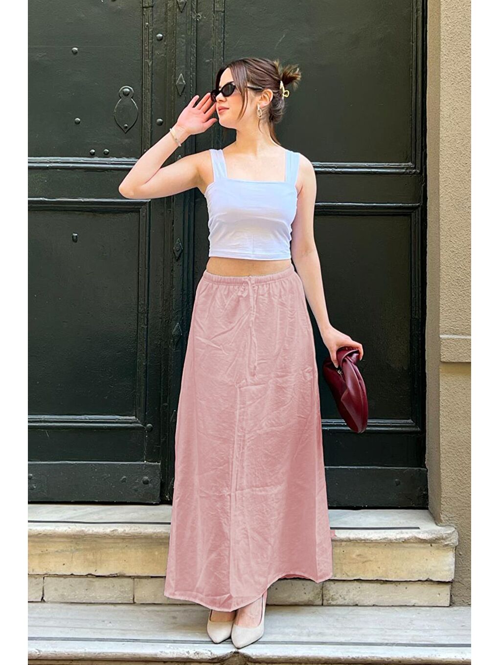 Pembe Beli Lastikli Uzun Kadın Etek Mg1979