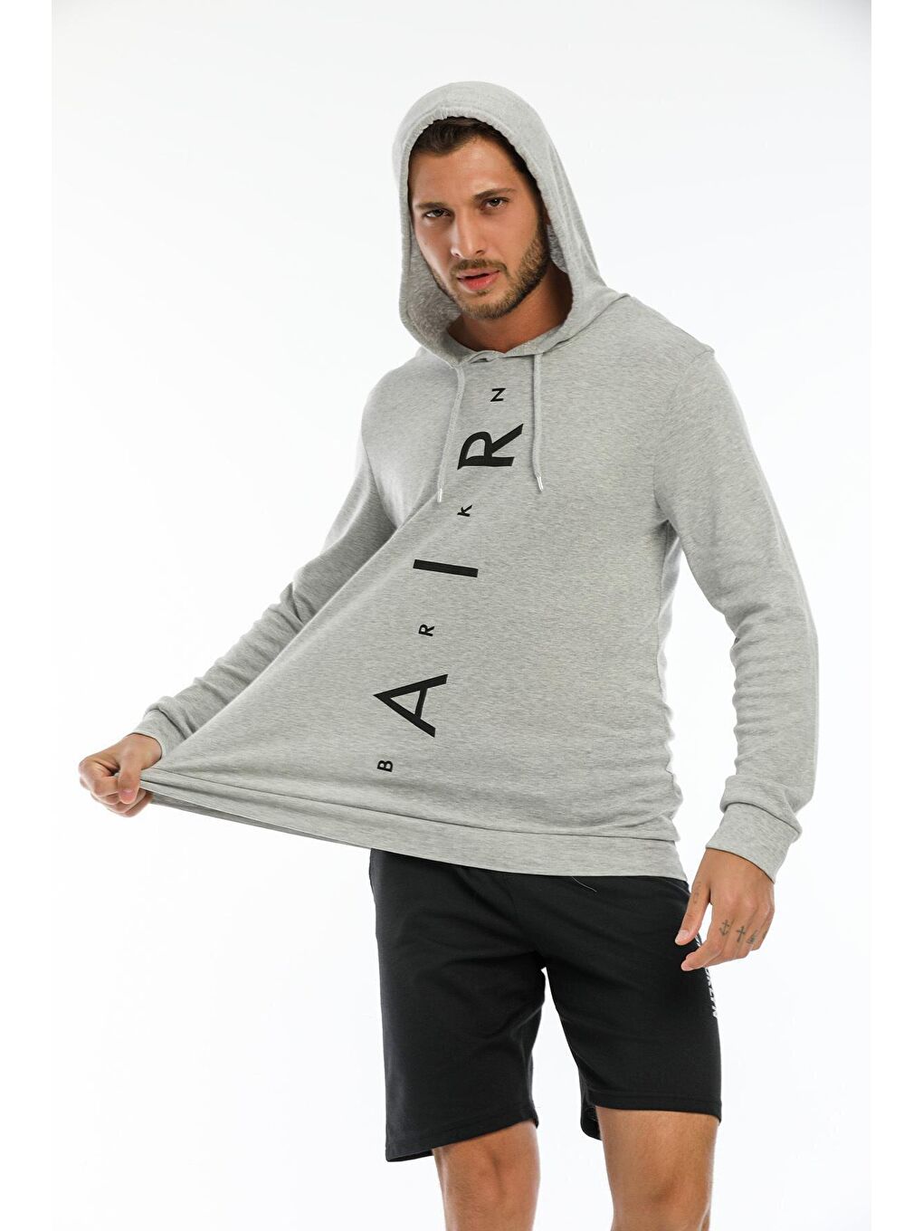 Süperlife Açık Gri Erkek Kapşonlu Regular Air Baskılı İnce Sweatshirt SPR22SW104