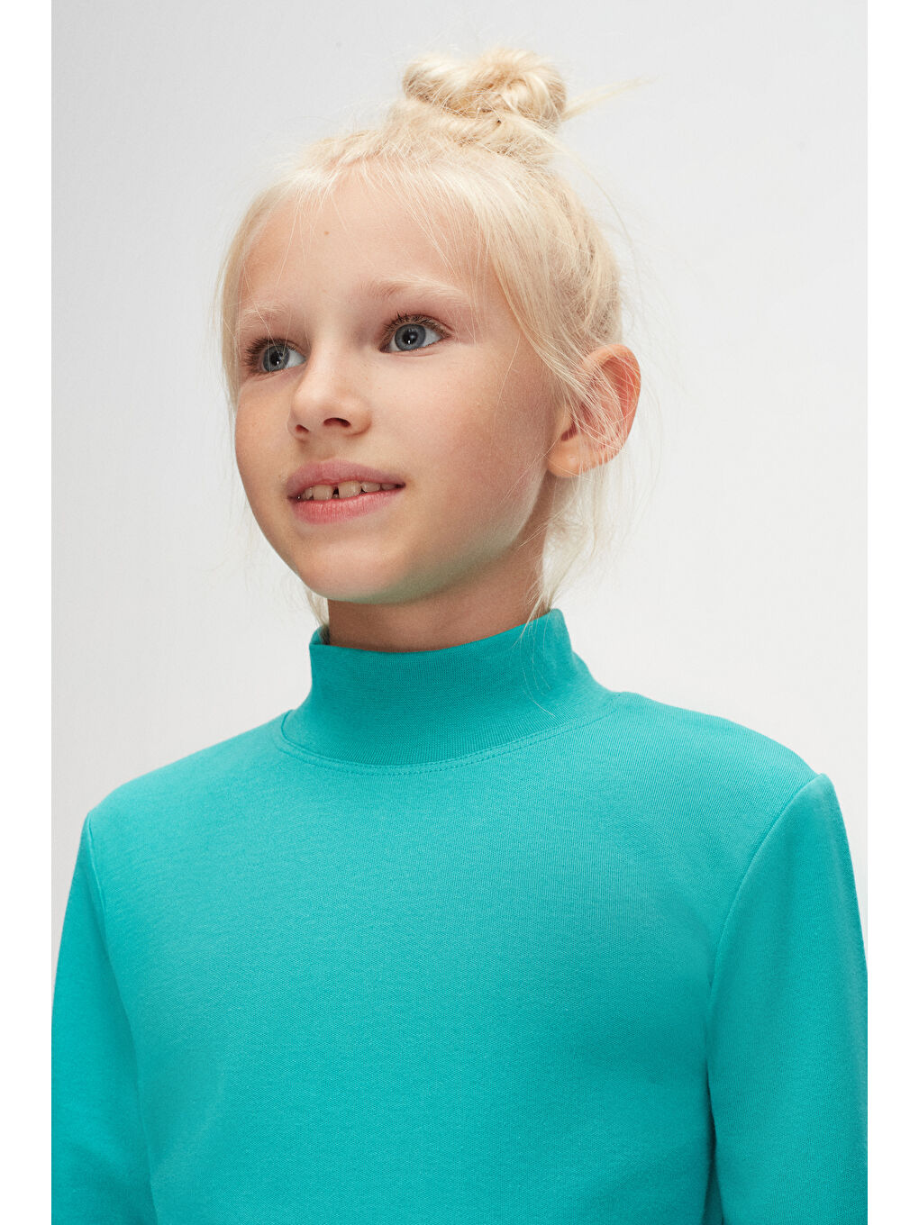 Açık Turkuaz Kız Çocuk Yarım Balıkçı Uzun Kol Tişört-2