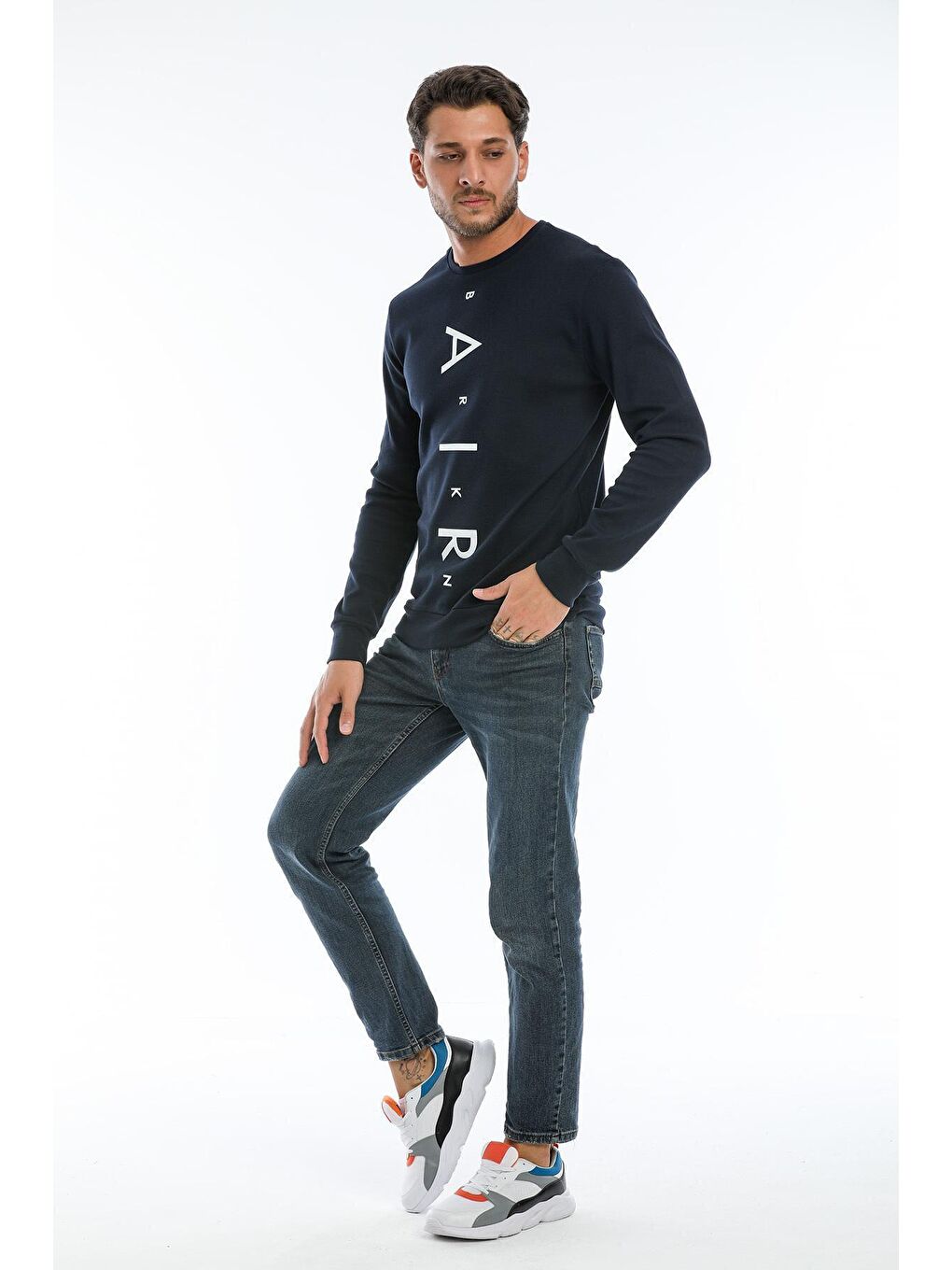 Süperlife Lacivert Erkek Bisiklet Yaka Slim fit Air Baskılı İnce Sweatshirt SPR22sw101 - 2