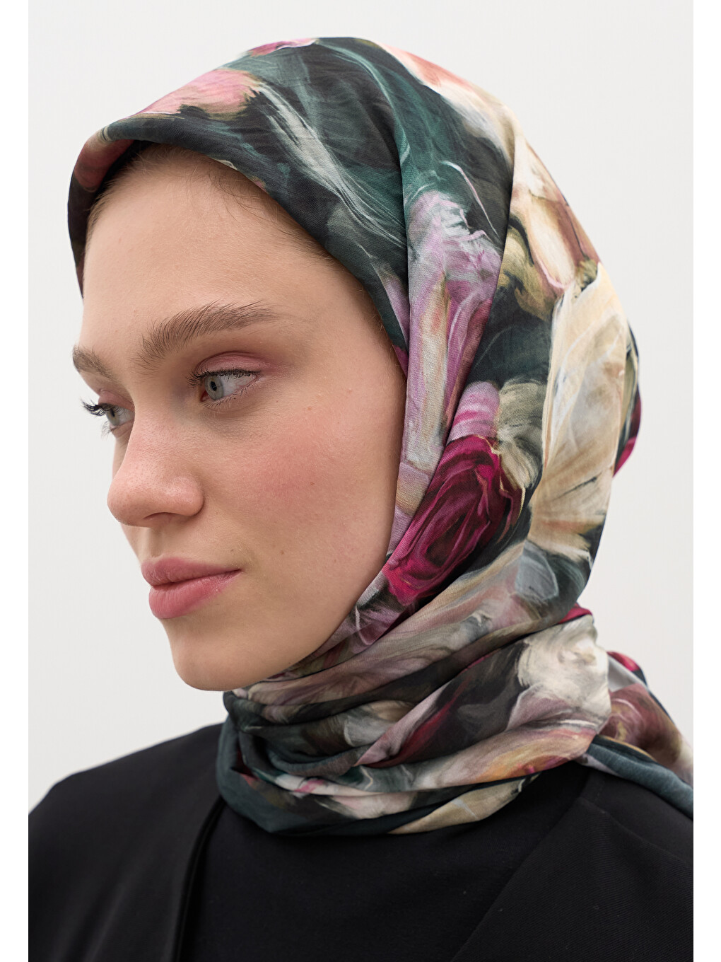 Mıdnıght Floral Desen Pamuklu Viskon Eşarp Petrol-3