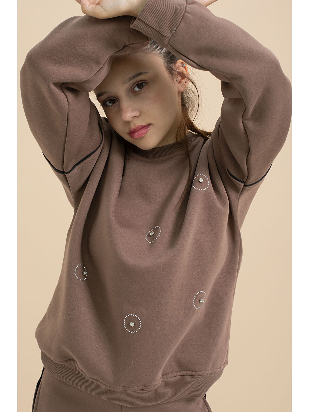 Kahverengi Kahve Payet İşlemeli Şardonlu Kız Çocuk 2li Eşofman Takımı 21424-1