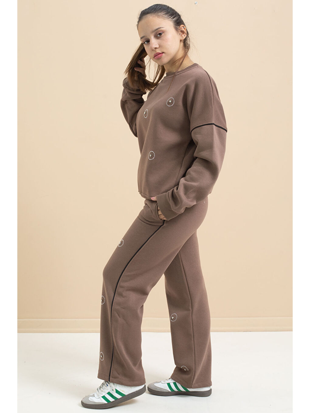 Kahverengi Kahve Payet İşlemeli Şardonlu Kız Çocuk 2li Eşofman Takımı 21424-2