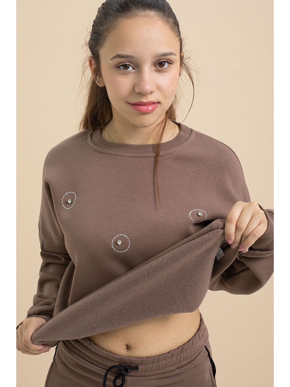 Kahverengi Kahve Payet İşlemeli Şardonlu Kız Çocuk 2li Eşofman Takımı 21424-3