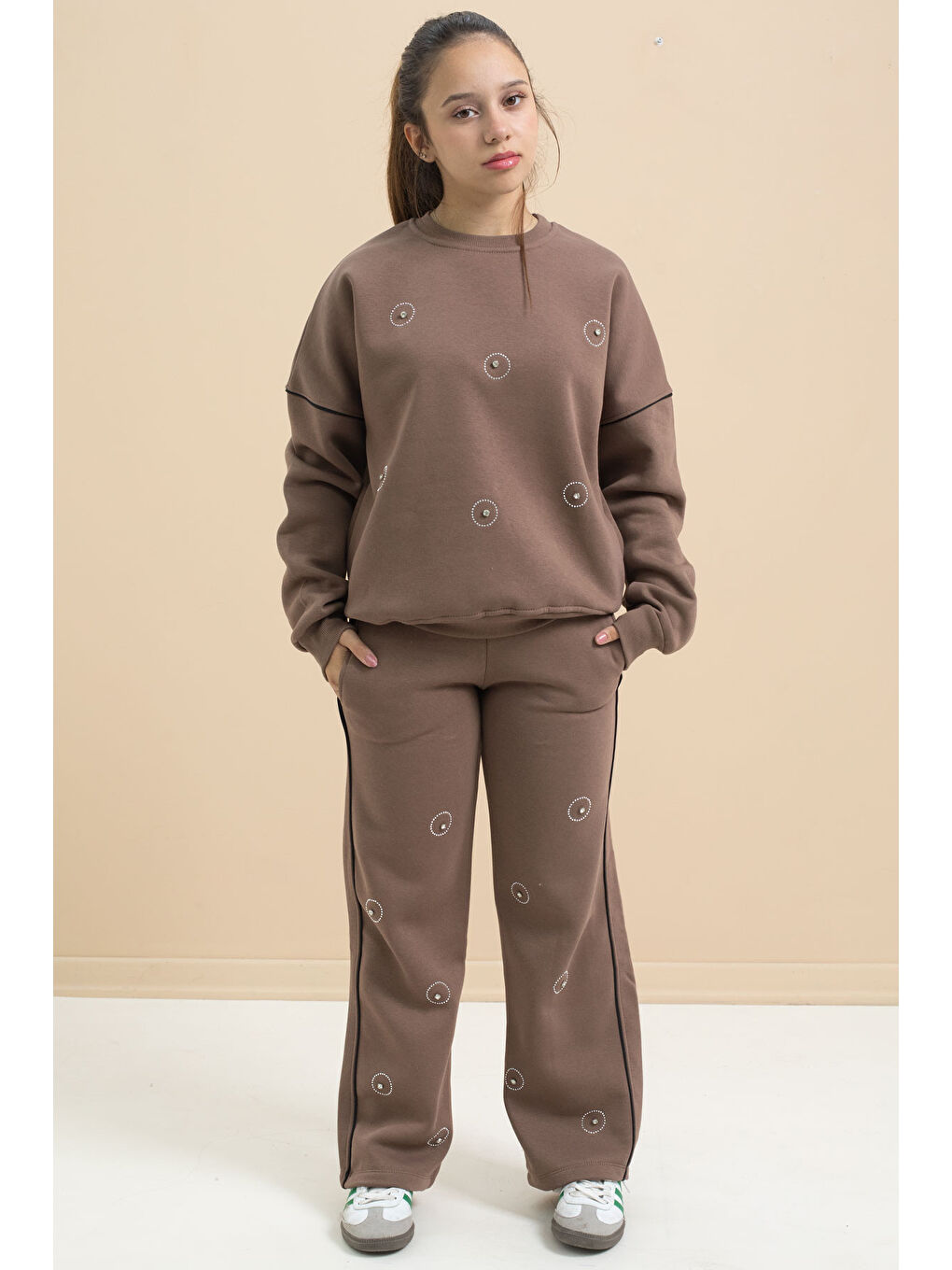 Kahverengi Kahve Payet İşlemeli Şardonlu Kız Çocuk 2li Eşofman Takımı 21424-4