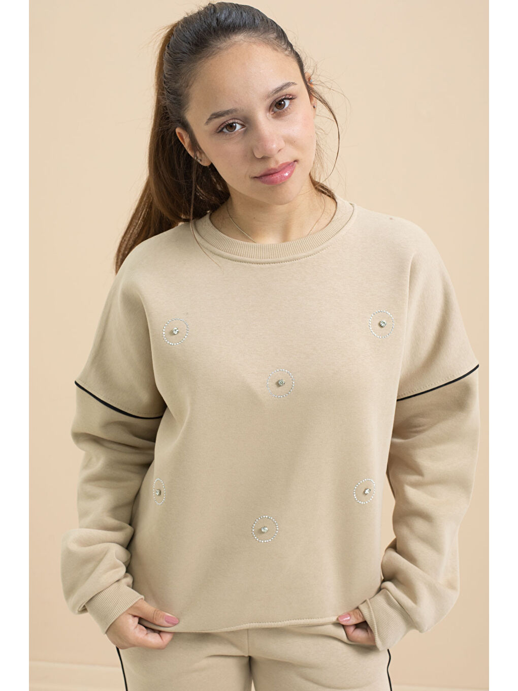 Bej Payet İşlemeli Şardonlu Kız Çocuk 2li Eşofman Takımı 21427-1