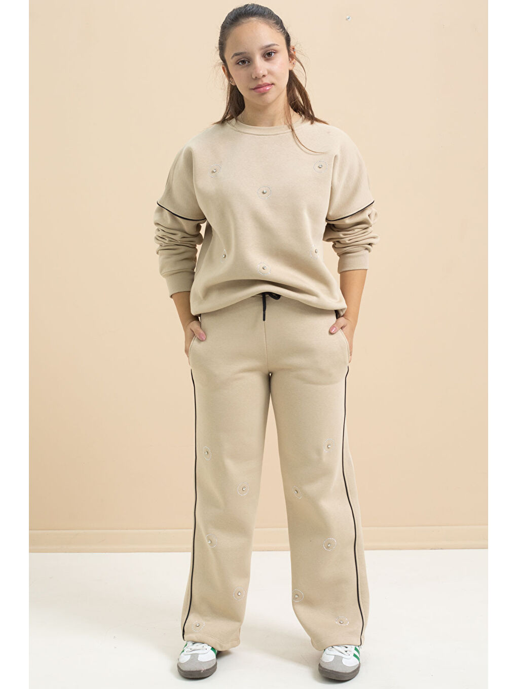 Bej Payet İşlemeli Şardonlu Kız Çocuk 2li Eşofman Takımı 21427-2