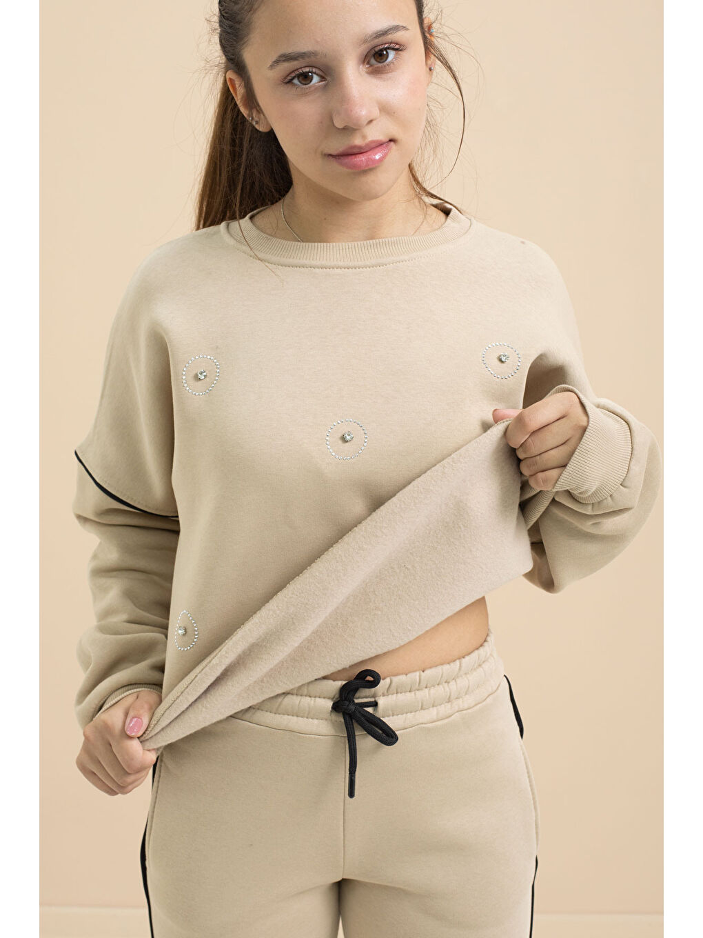 Bej Payet İşlemeli Şardonlu Kız Çocuk 2li Eşofman Takımı 21427-3