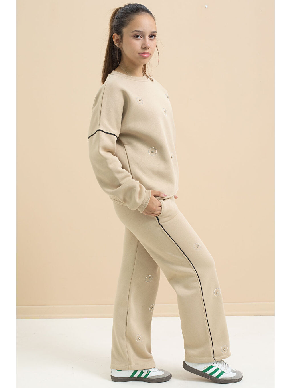 Bej Payet İşlemeli Şardonlu Kız Çocuk 2li Eşofman Takımı 21427-4