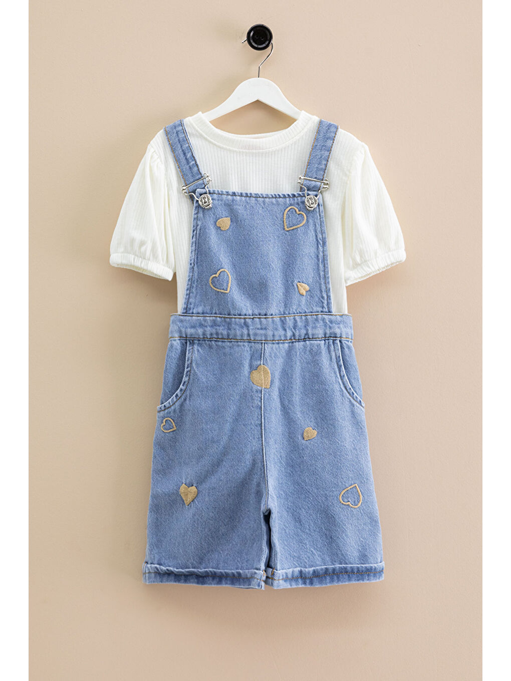 Mavi Kalp Nakışlı Şortlu Salopetli Kız Çocuk Badili 2li Takım 21018-3