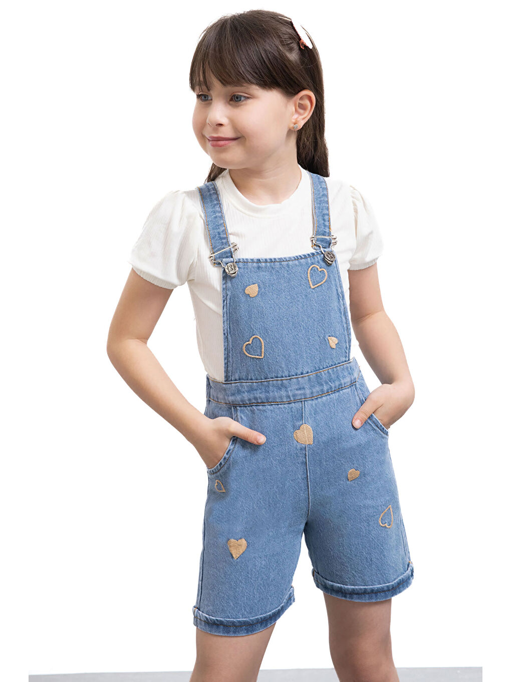 Mavi Kalp Nakışlı Şortlu Salopetli Kız Çocuk Badili 2li Takım 21018-2