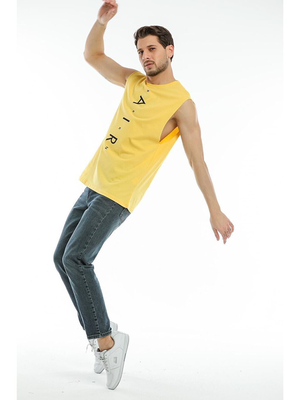 Sarı Erkek Bisiklet Yaka Oversize Fit Air Baskılı  Kolsuz Tişört SPR21Y05-3