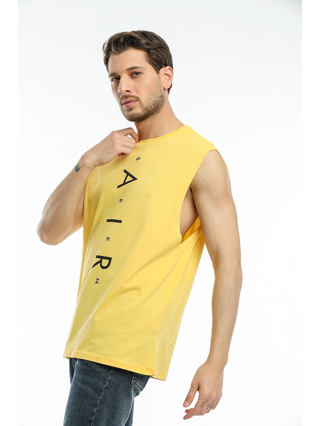 Sarı Erkek Bisiklet Yaka Oversize Fit Air Baskılı  Kolsuz Tişört SPR21Y05-2