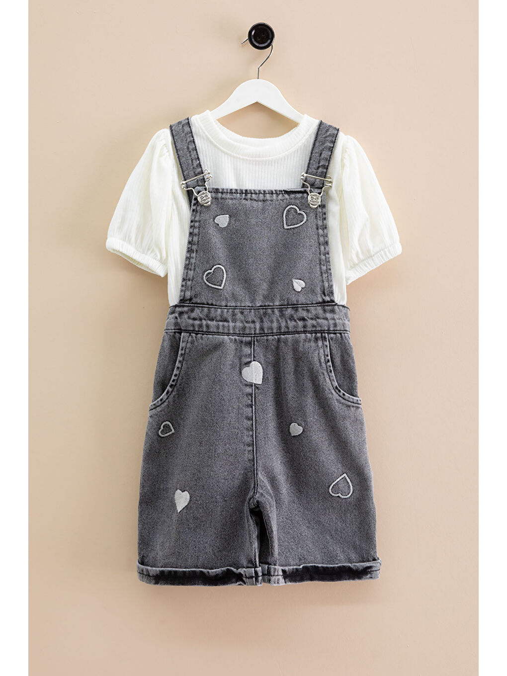 Siyah Kalp Nakışlı Şortlu Salopetli Kız Çocuk Badili 2li Takım 21019-4
