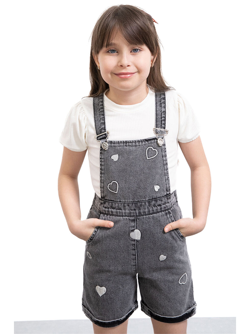 Siyah Kalp Nakışlı Şortlu Salopetli Kız Çocuk Badili 2li Takım 21019-2