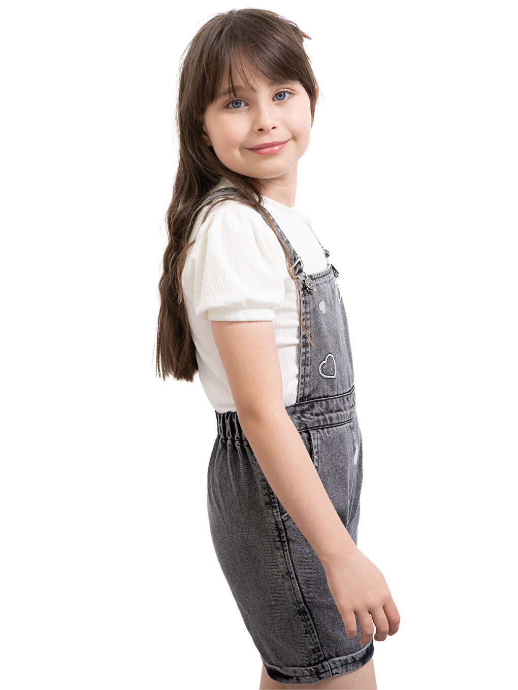 Siyah Kalp Nakışlı Şortlu Salopetli Kız Çocuk Badili 2li Takım 21019-3