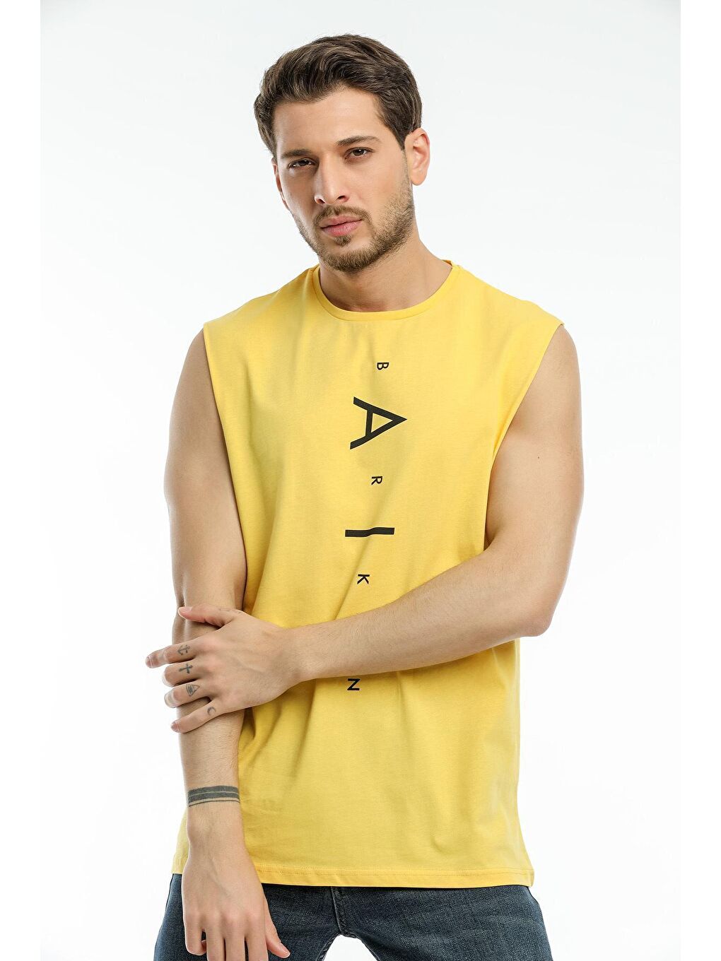 Sarı Erkek Bisiklet Yaka Oversize Fit Air Baskılı  Kolsuz Tişört SPR21Y05-1