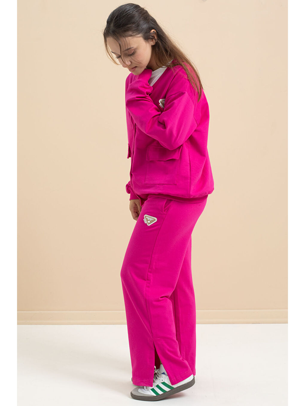 Fuşya Logo Detaylı Düğmeli Hırkalı kız Çocuk Yırtmaçlı 3'lü Atl-Üst Takım 21378-2