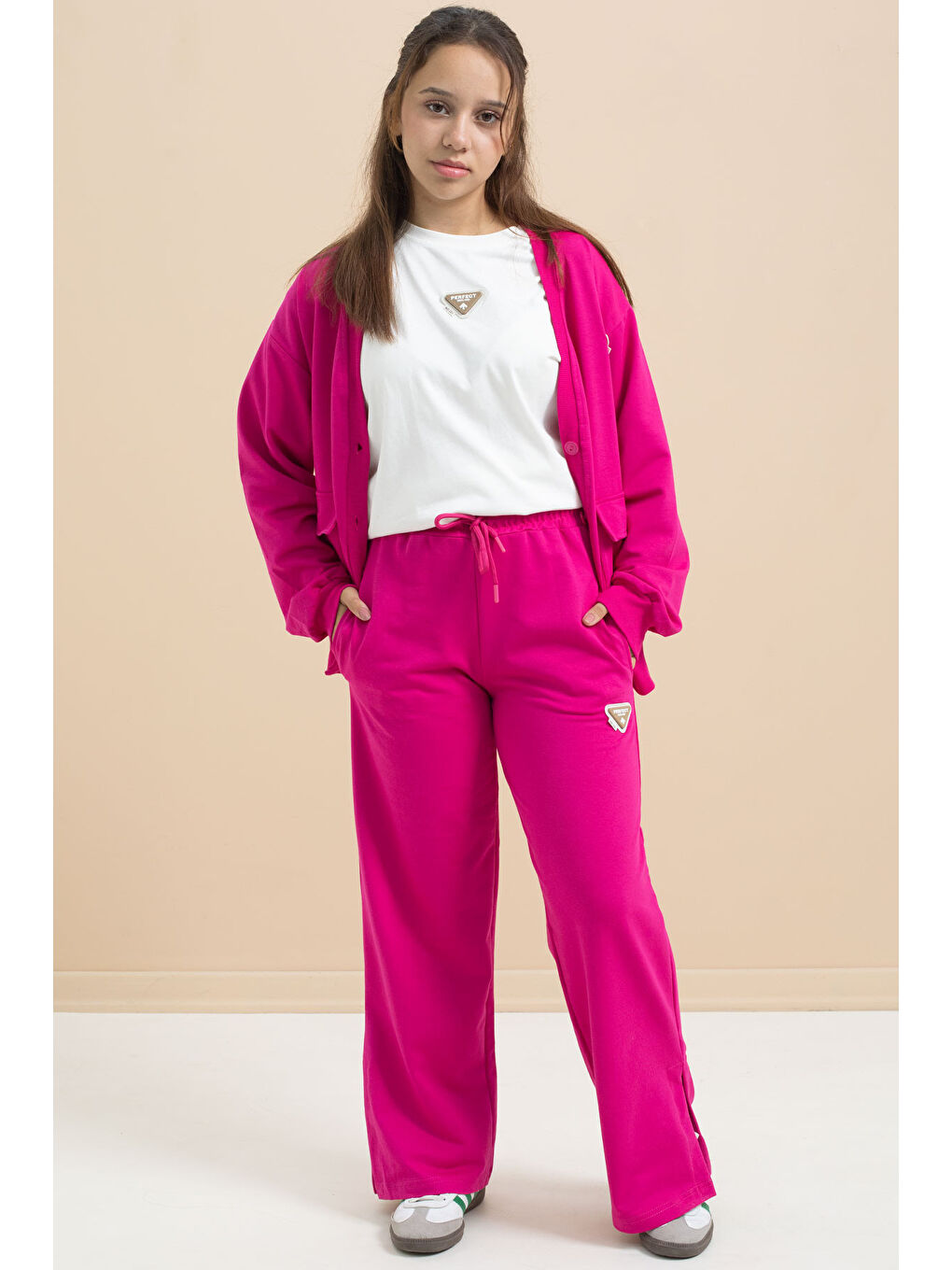 Fuşya Logo Detaylı Düğmeli Hırkalı kız Çocuk Yırtmaçlı 3'lü Atl-Üst Takım 21378-4