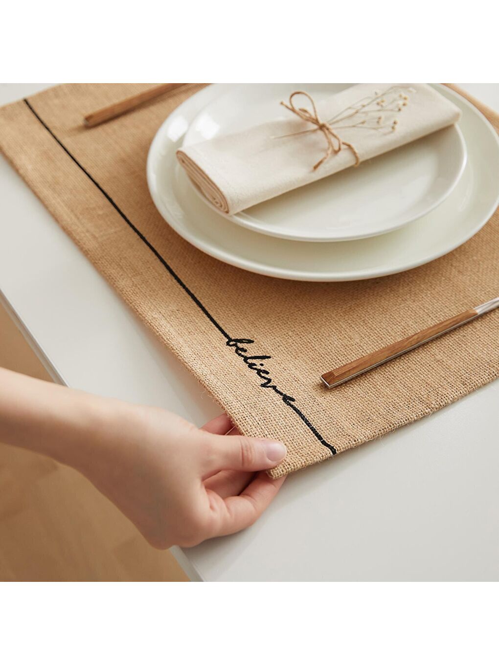 Bej 6'lı Jüt Amerikan Servis Seti 45 x 35 cm-2