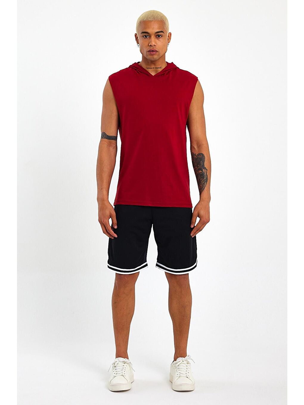 Bordo Erkek Kapüşonlu Oversize Fit Kolsuz Tişört SPR21Y04