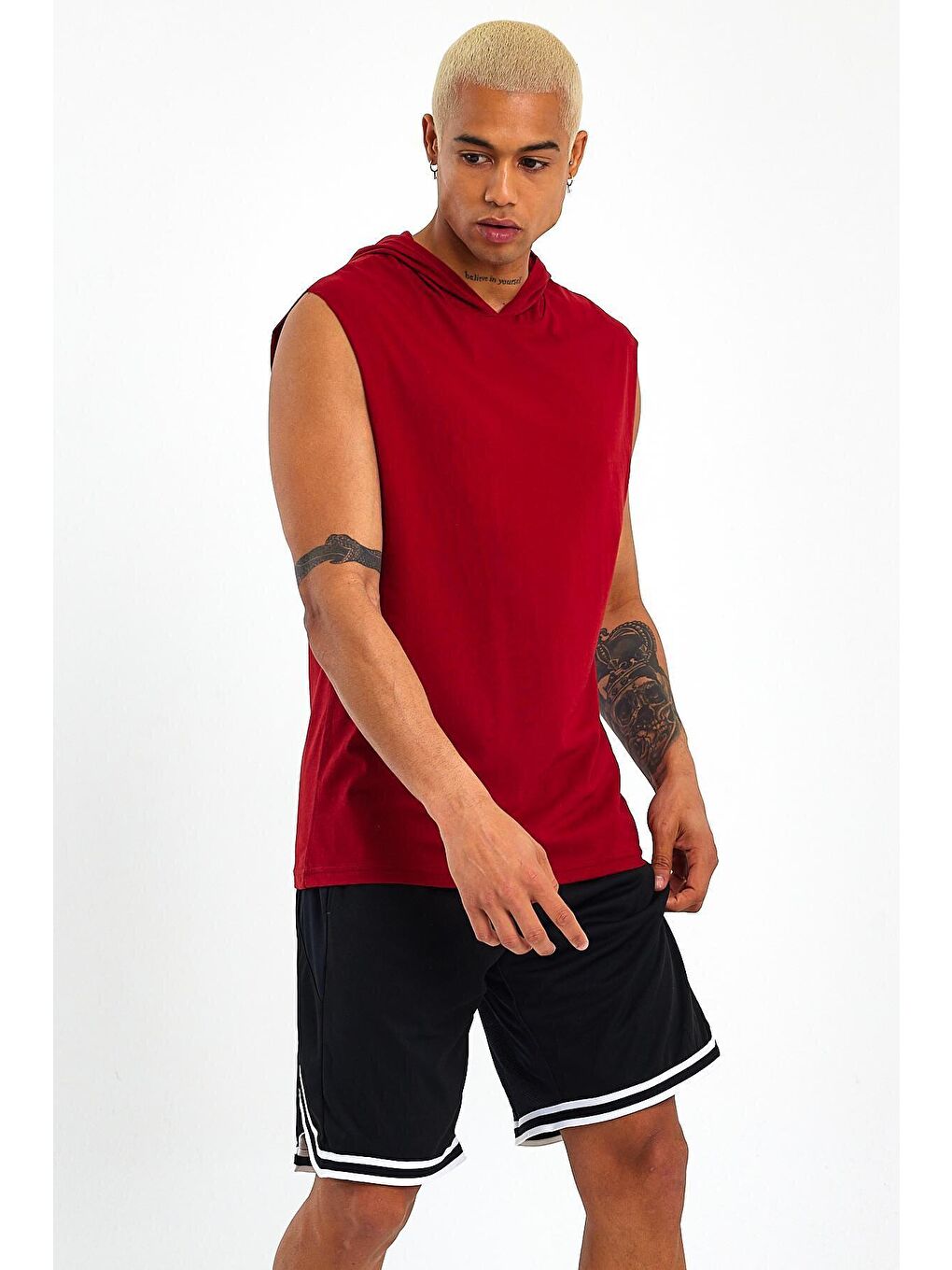 Bordo Erkek Kapüşonlu Oversize Fit Kolsuz Tişört SPR21Y04-1