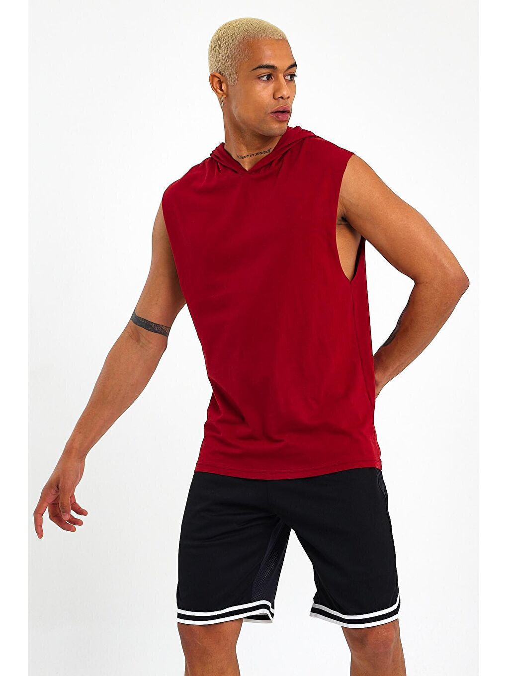 Bordo Erkek Kapüşonlu Oversize Fit Kolsuz Tişört SPR21Y04-2