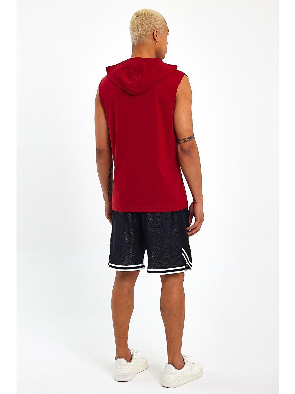 Bordo Erkek Kapüşonlu Oversize Fit Kolsuz Tişört SPR21Y04-3