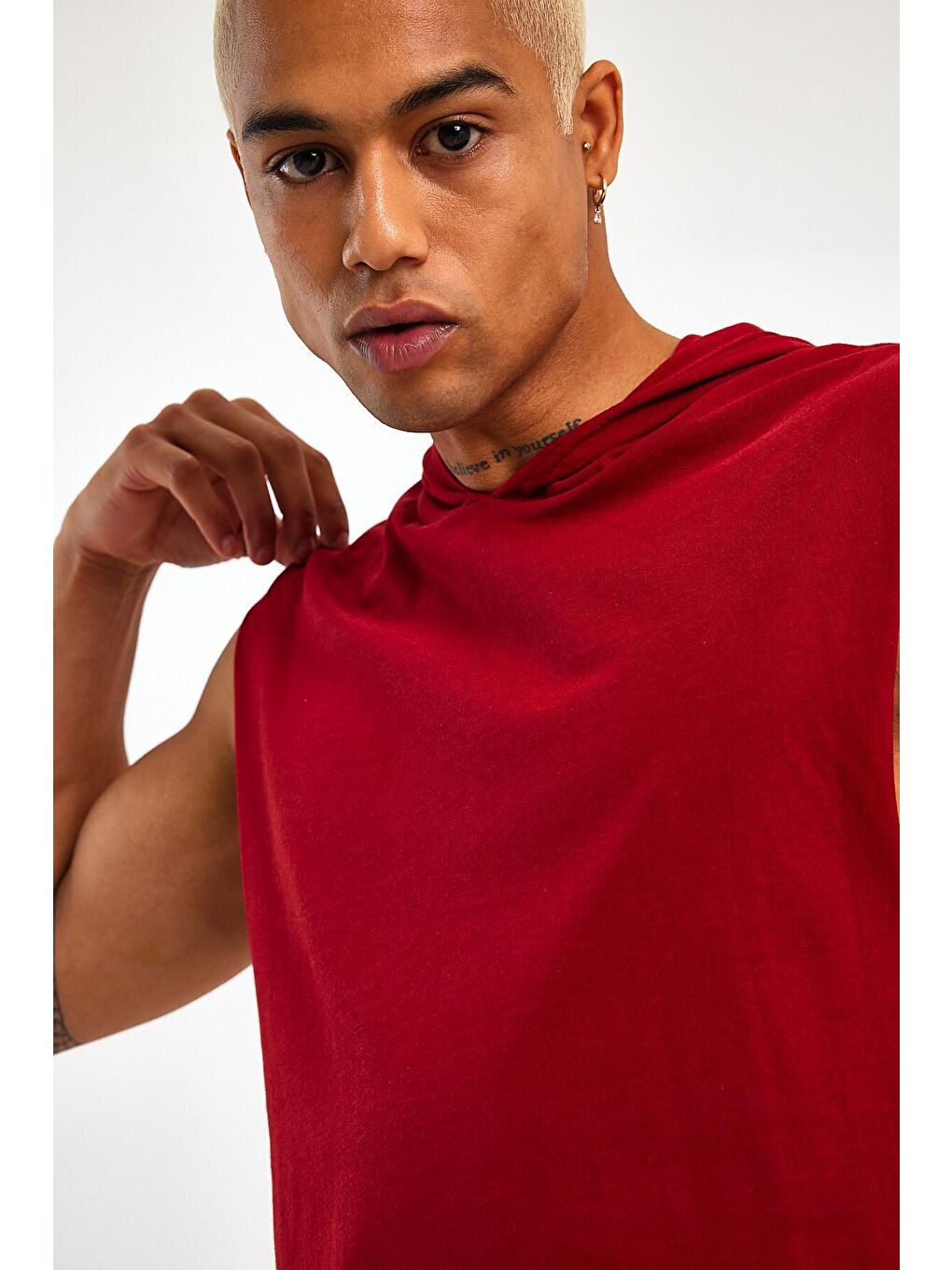 Bordo Erkek Kapüşonlu Oversize Fit Kolsuz Tişört SPR21Y04-4