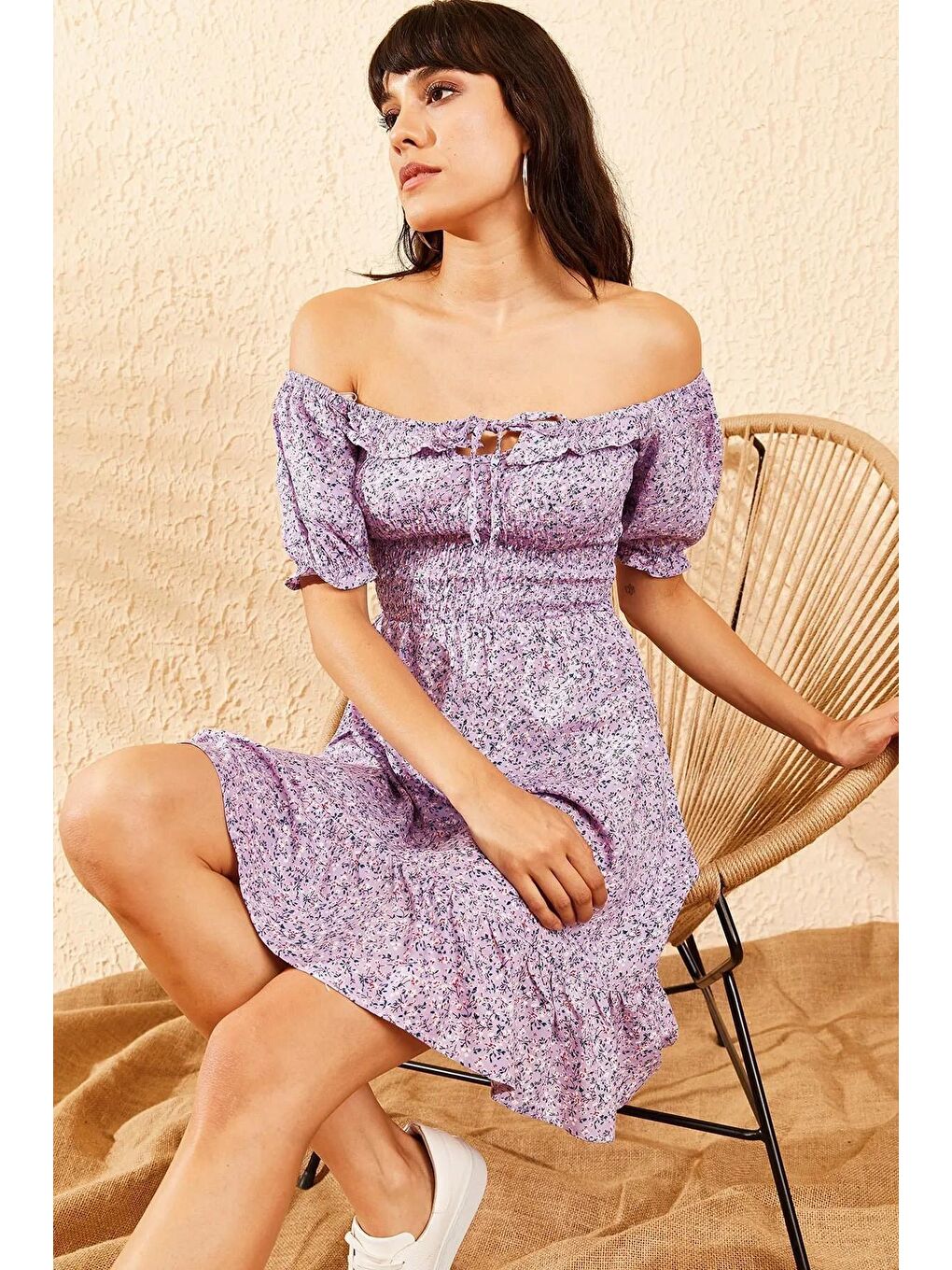 Lila Kadın Gipeli İp Bağlamalı Küçük Çiçek Desenli Elbise