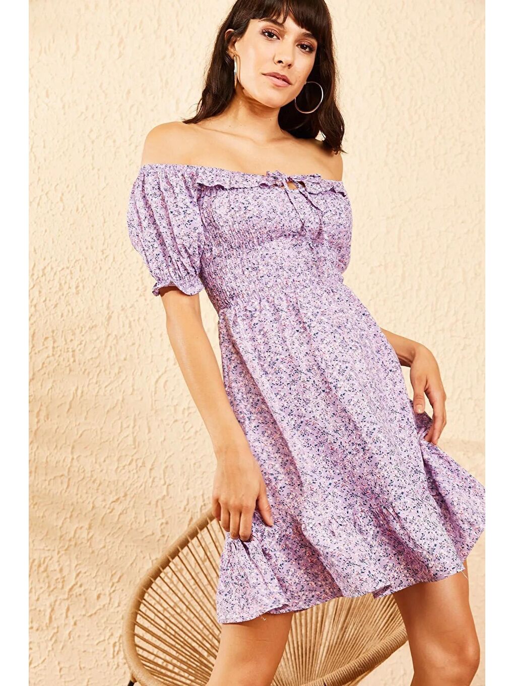 Lila Kadın Gipeli İp Bağlamalı Küçük Çiçek Desenli Elbise-1