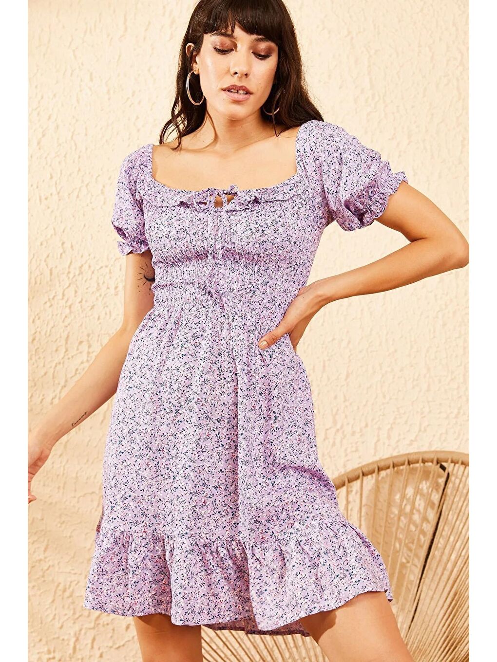 Lila Kadın Gipeli İp Bağlamalı Küçük Çiçek Desenli Elbise-3