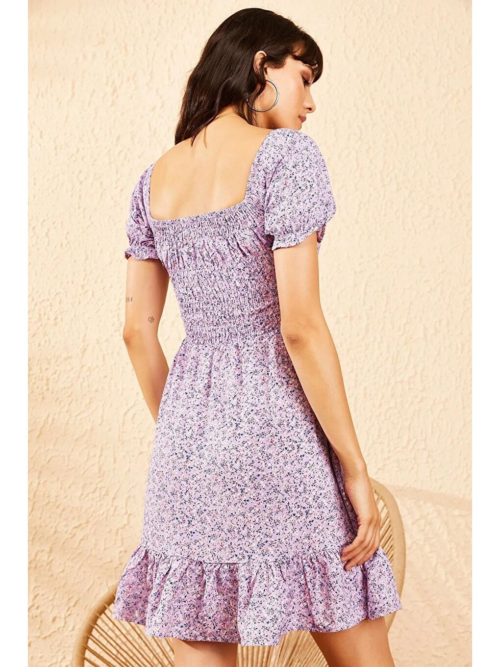 Lila Kadın Gipeli İp Bağlamalı Küçük Çiçek Desenli Elbise-4