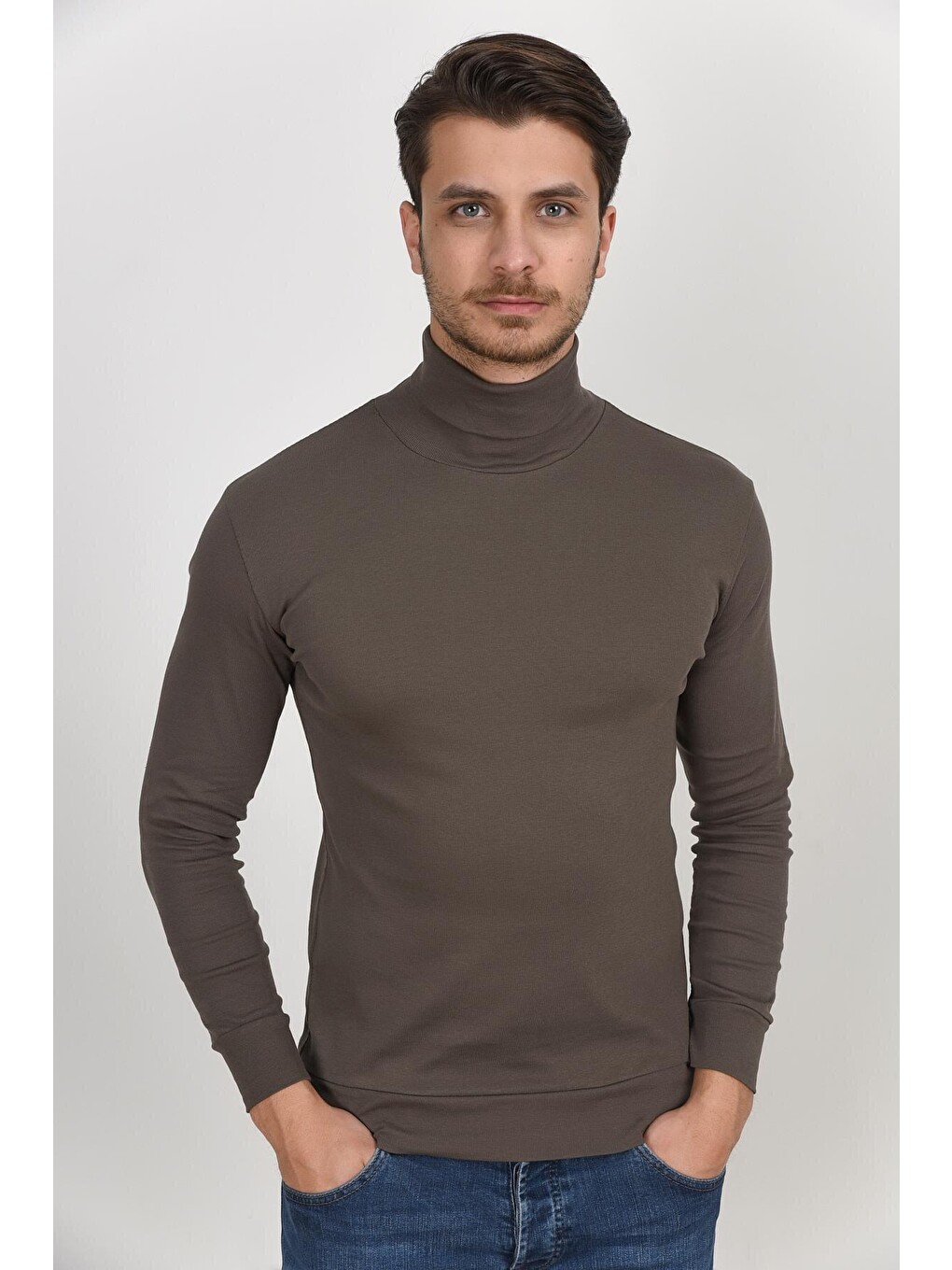 Haki Balıkcı Yaka Uzun Kollu Dar Kalıp İnce Erkek Sweatshirt Spr 2019k21-3