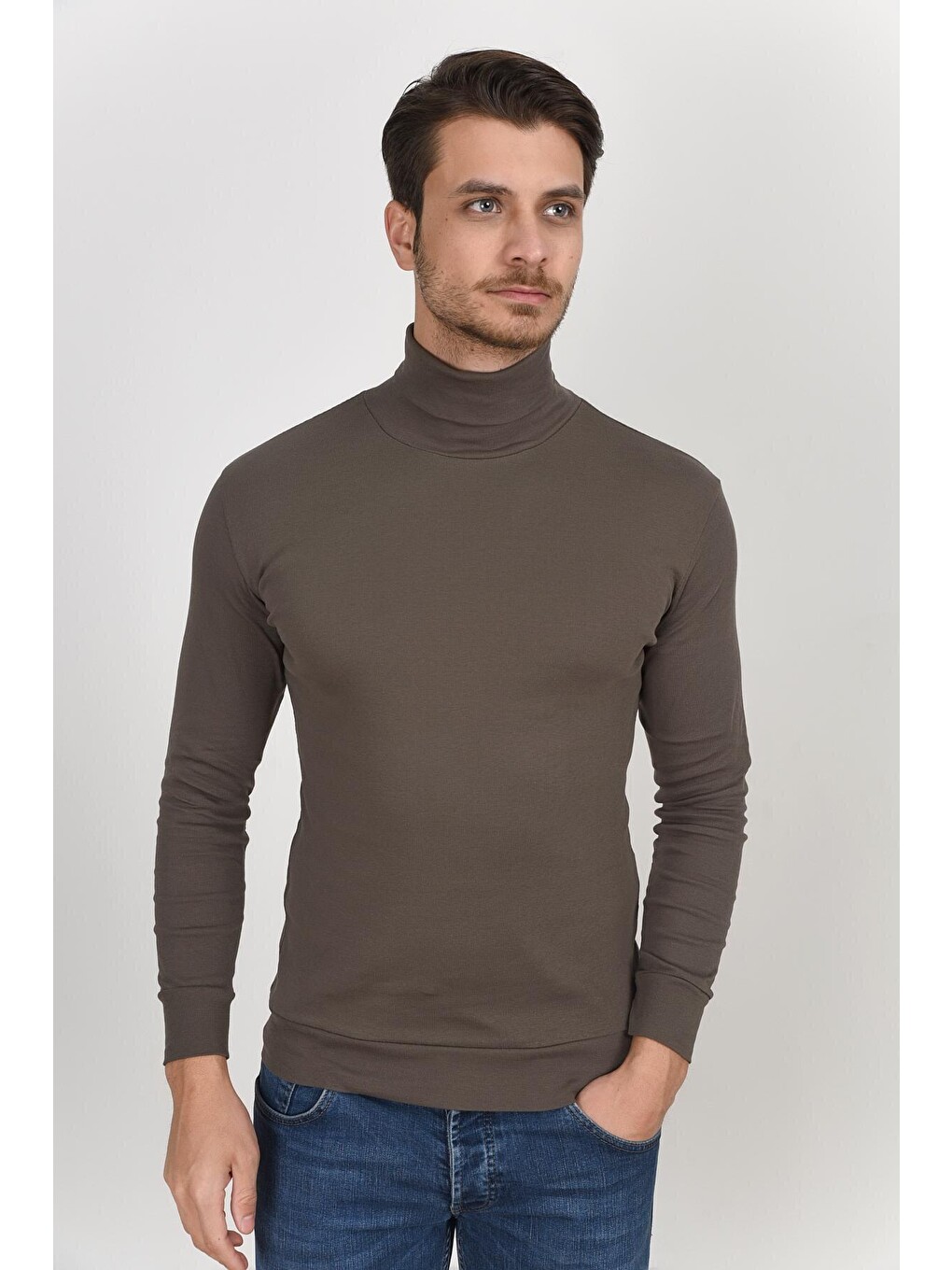 Haki Balıkcı Yaka Uzun Kollu Dar Kalıp İnce Erkek Sweatshirt Spr 2019k21-1