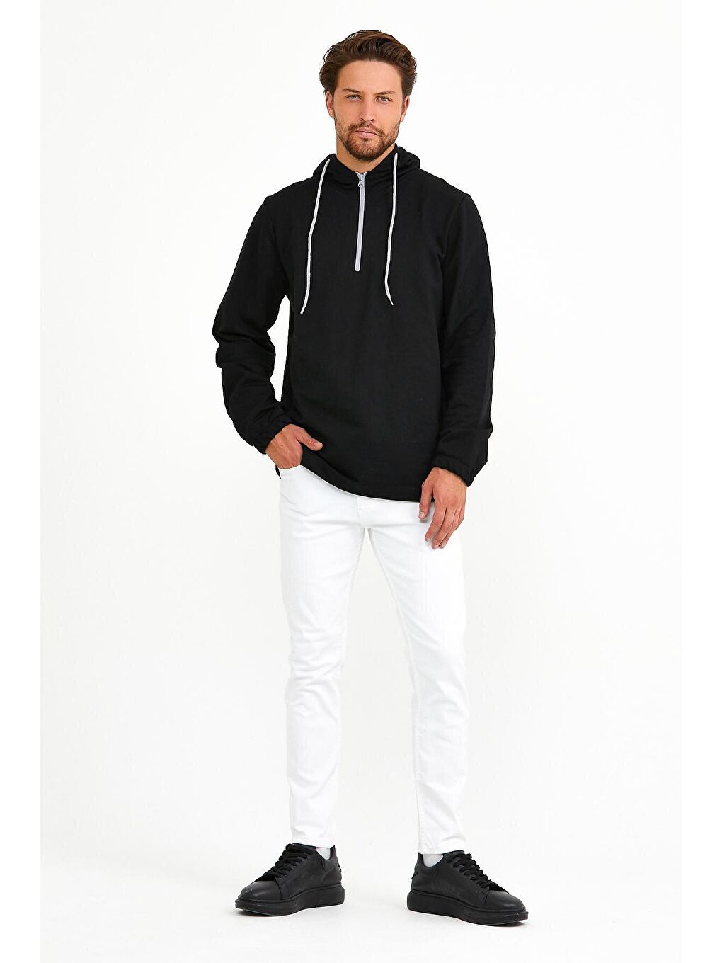 Süperlife Siyah Erkek Kapüşonlu Regular Fit Yarım Fermuarlı İnce Sweatshirt SPR22SW170 - 3