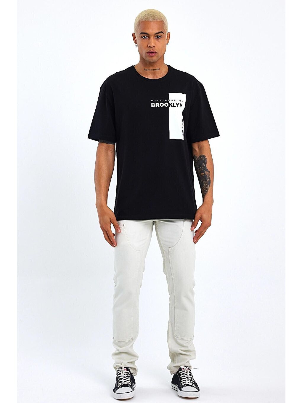 Siyah Erkek Bisiklet Yaka Slim Fit Baskılı Tişort SPR21Y21