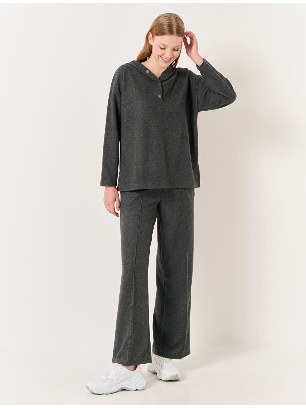 Antrasit Bol Paça Yüksek Bel Rahat Örme Pantolon