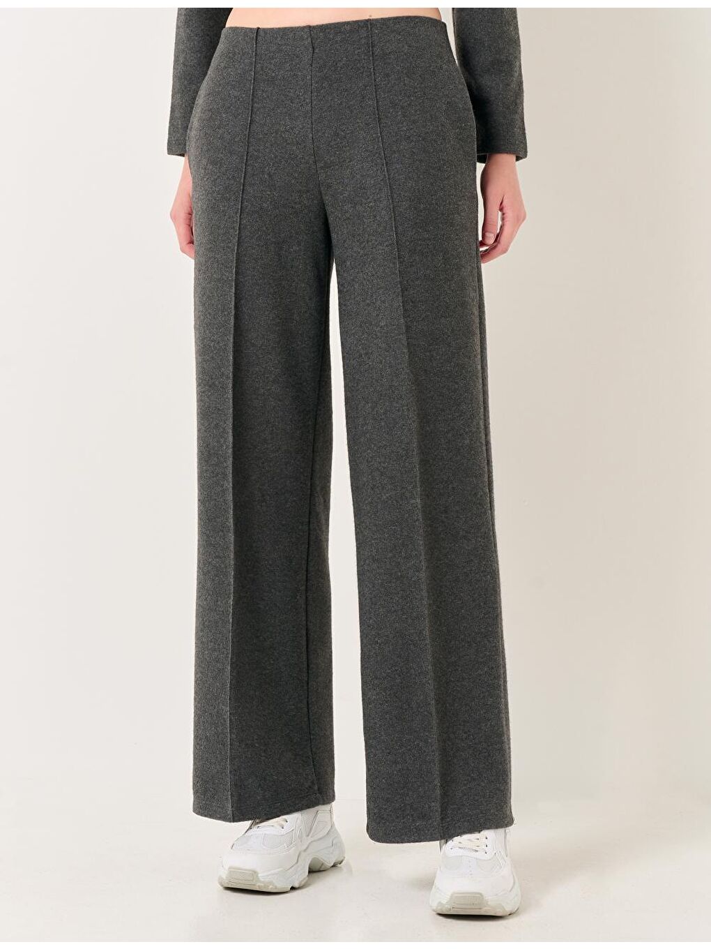 Antrasit Bol Paça Yüksek Bel Rahat Örme Pantolon-4