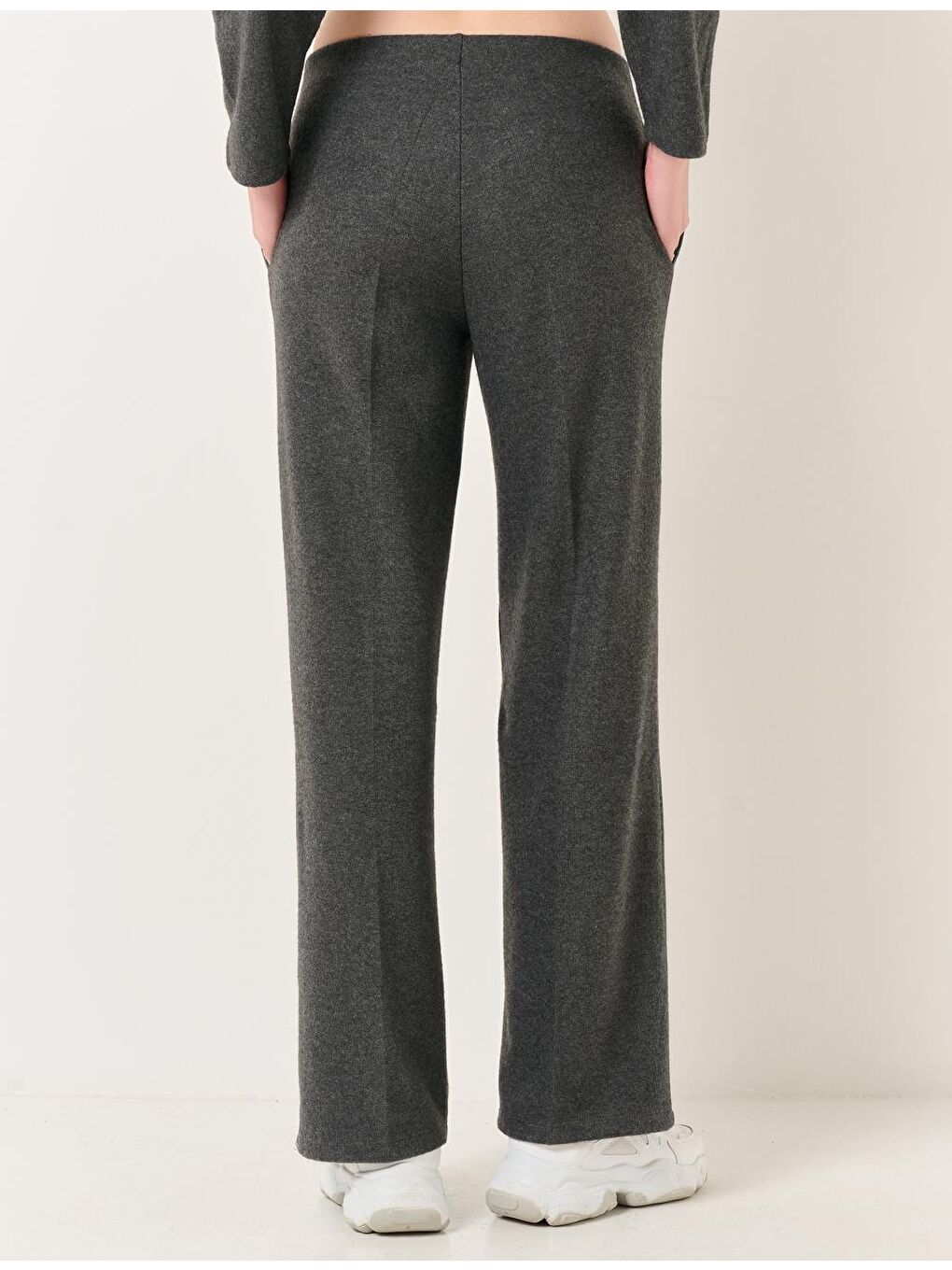 Antrasit Bol Paça Yüksek Bel Rahat Örme Pantolon-5