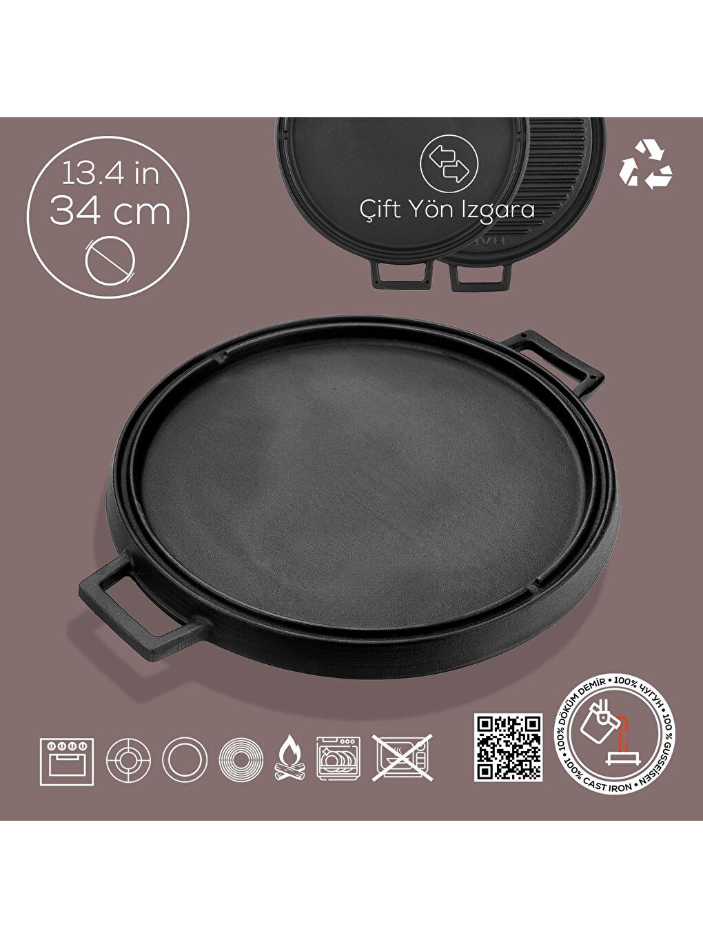 Siyah Yuvarlak Çift Yön Izgara Tavası Döküm Demir Yekpare Çift Kulplu Çap(Ø)34cm.-2
